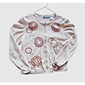 Alfred Dunner Sweater Womens PL Tan Cardigan Embroidered Beaded Shawl Ramie.